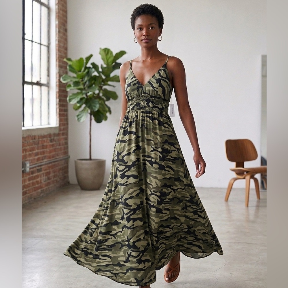 Camo Print V-Neck Maxi Dress - Olive Green
